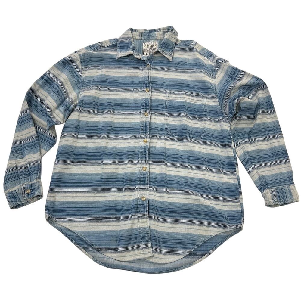 Andrew's Blues Sz Medium Denim Long Sleeve Button Up Shirt Blue & White Stripes